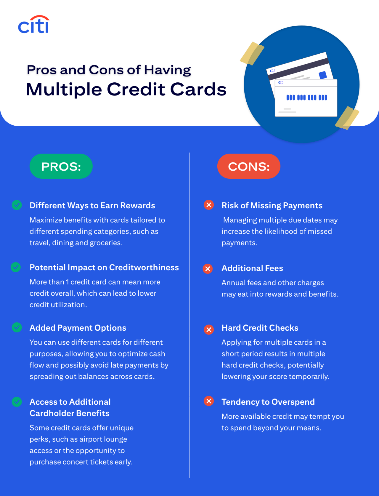 Pros and Cons of Having Multiple Credit Cards. Pros: Different Ways to Earn Rewards - Maximize benefits with cards tailored to different spending categories, such as travel, dining, and groceries. Potential Impact on Creditworthiness - More than 1 credit card can mean more credit overall, which can lead to lower credit utilization. Added Payment Options - You can use different cards for different purposes, allowing you to optimize cash flow and possibly avoid late payments by spreading out balances across cards. Access to Additional Cardholder Benefits - Some credit cards offer unique perks, such as airport lounge access or the opportunity to purchase concert tickets early. Cons: Risk of Missing Payments - Managing multiple due dates may increase the likelihood of missed payments. Additional Fees - Annual fees and other charges may into rewards and benefits. Hard Credit Checks - Applying for multiple cards in a short period results in multiple hard credit checks, potentially lowering your score temporarily. Tendency to Overspend - More available credit may tempt you to spend beyond your means.
